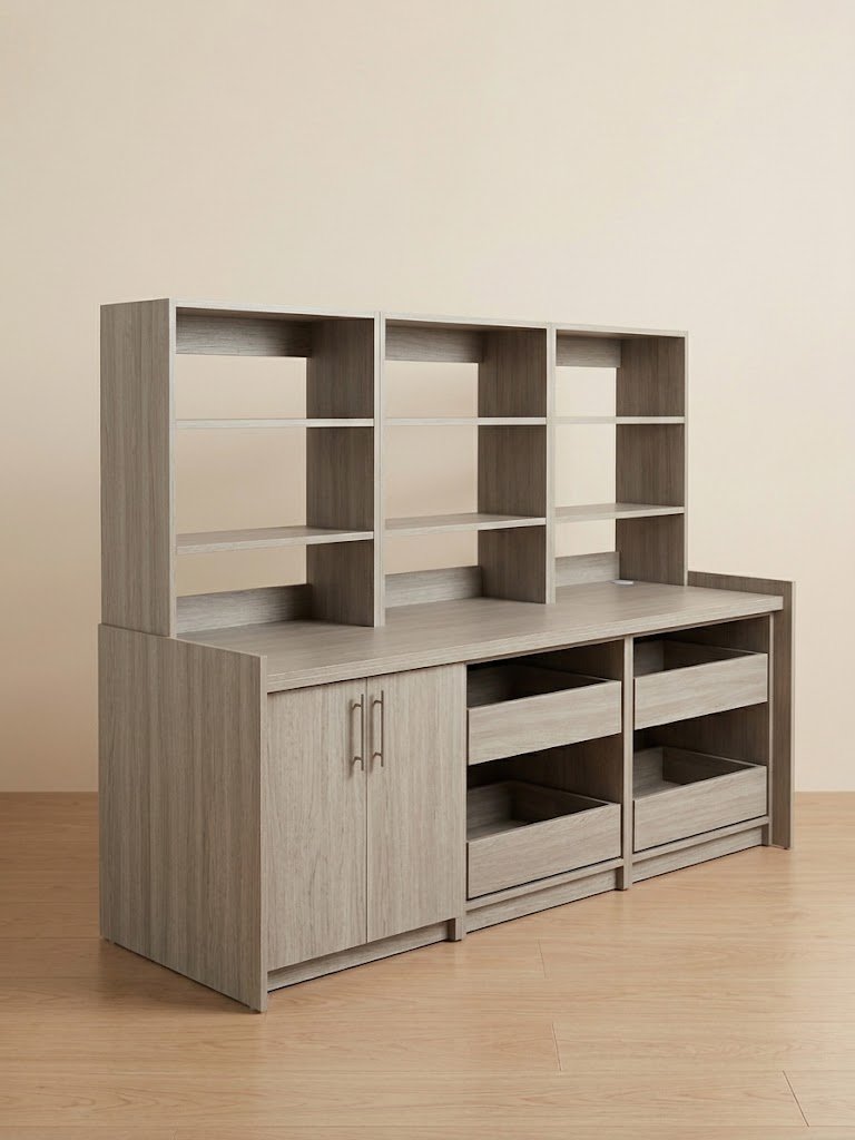 Office shelving and storage wall with open cubbies and drawers